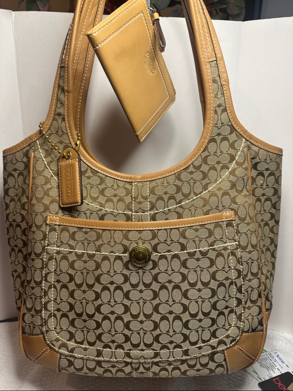 XL Coach Ergo Khaki Signature mini C’s Canvas Hobo Tote with Caramel Leather